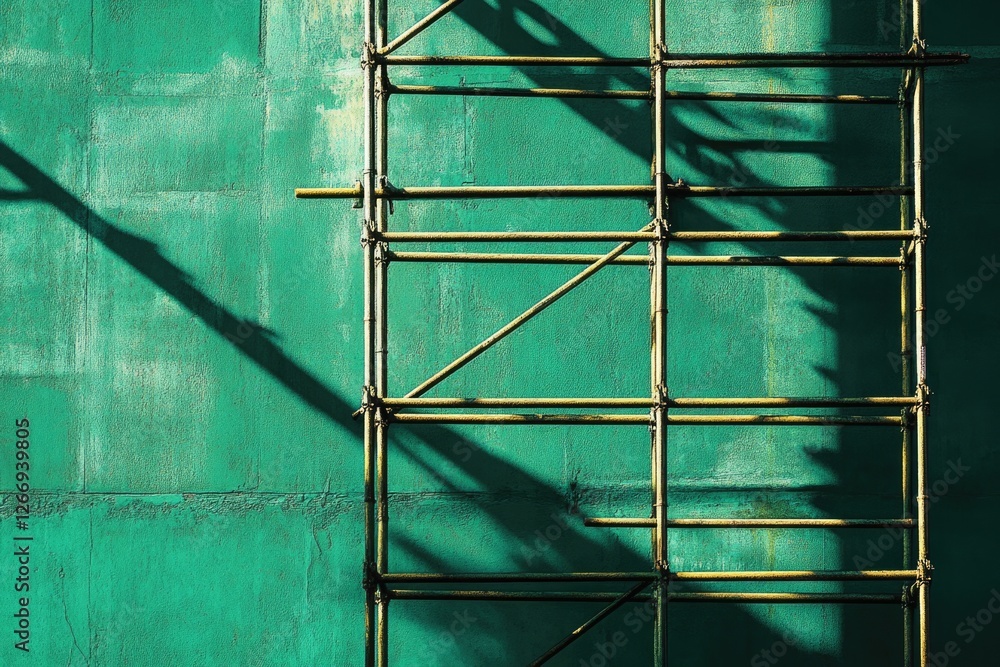 Poster scaffolding against a teal wall casts shadows, creating an abstract image of construction and urban 