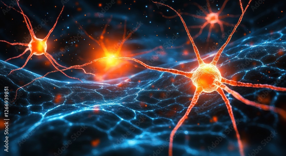 Poster futuristic neuron network with synapse interaction and vibrant color scheme