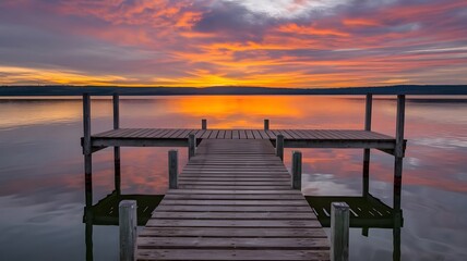 Obraz premium A photo of a rustic wooden pier extending over a still lake. The pier has a few wooden posts and is surrounded by the lake water. The lake is calm and reflects the vibrant colors of the sunset. The sk