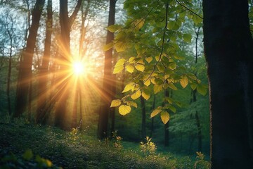Sunlight Filtering Through Trees in a Serene Forest Landscape of the Idyllic Green Countryside
