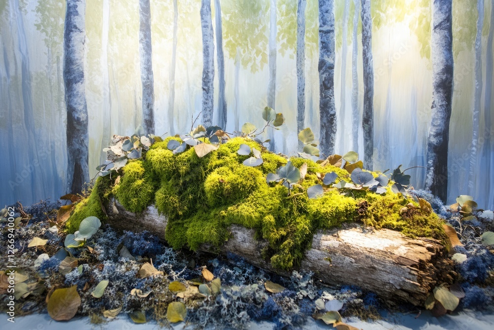 Poster a mossy log rests in a sun-dappled forest, creating a serene and tranquil scene.
