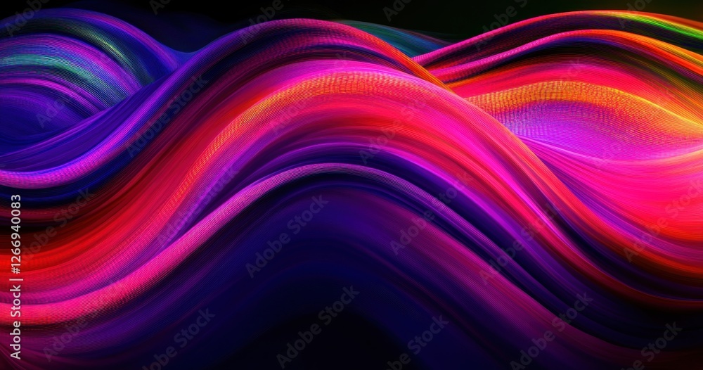 Poster abstract digital waves with colorful flowing lines and neon glow on black background