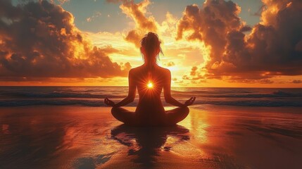 Yoga Woman Meditating at Sunset on Serene Beach