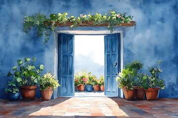 Obraz premium Watercolor Painting of a Sunny Patio Entrance with Blue Door and Plants