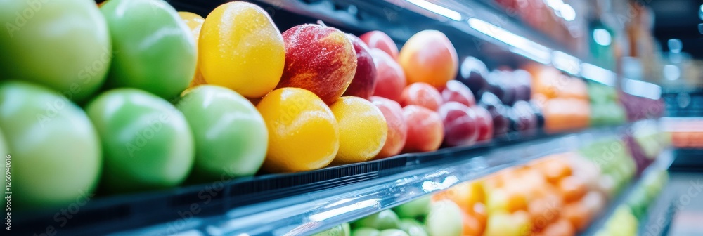 Poster fresh apples and citrus fruits neatly arranged on shelves in a grocery store during daylight hours. 