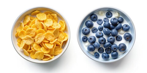 High-angle shot: milk-soaked corn flakes, blueberries in a bowl&acirc;&euro;&rdquo;detailed, shallow depth of field.