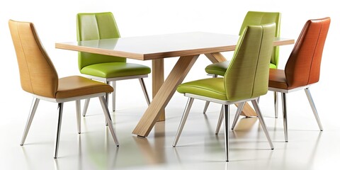Fototapeta premium High-resolution 3D render of a contemporary dining setâ€”table and chairsâ€”on a pure white background.