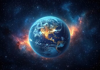 Vibrant Earth in the Starry Cosmos with Nebulae and Dramatic Lighting