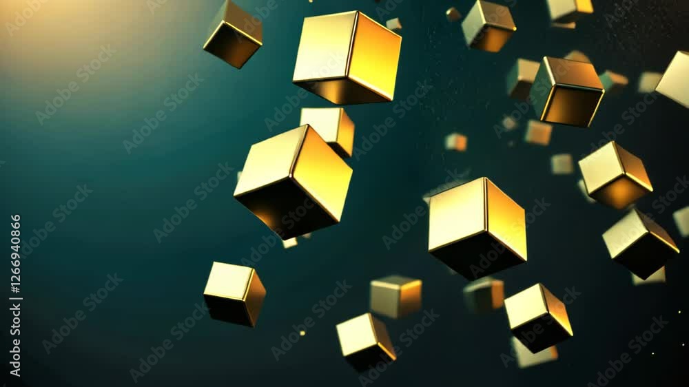 Poster floating golden cubes dance in a mystical void, creating an illusion of depth and dimension that mes