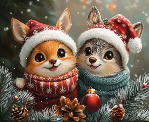 Fototapeta premium Cute Kitten and Reindeer Celebrate Winter Christmas with Festive Hats and Decorations