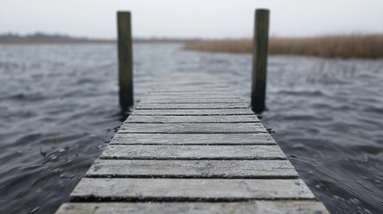 Obraz premium Frozen wooden dock over water on a cloudy day. Possible use Stock photo for nature, travel, or winter themes