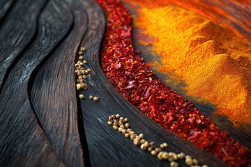 Fototapeta premium Aromatic spices like red pepper flakes, coriander seeds, and turmeric powder arranged on dark wood.