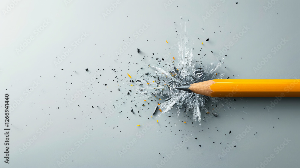 Poster sharpened focus: a close-up shot of a yellow pencil with graphite exploding outward, emphasizing the