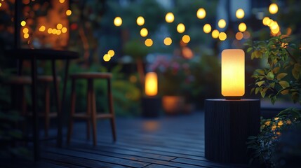 Backyard patio with illuminated lanterns & flowers for outdoor ambiance