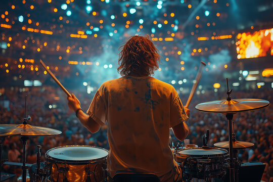 Skilled drummer performing passionately on stage, back view highlighting dynamic movement, rock concert atmosphere with vibrant stadium lighting and cheering crowd