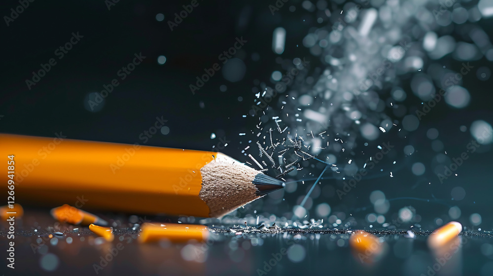 Poster pencil shavings burst: a close-up shot of a pencil breaking with wood shavings exploding in mid-air,