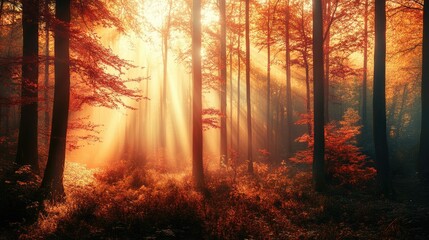 Obraz premium Autumn Sunlight Beams Through Red Forest Trees