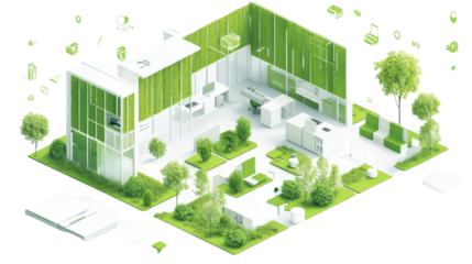 green evofriendly and sustainable workspace isolated on white background