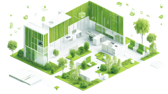 green evofriendly and sustainable workspace isolated on white background