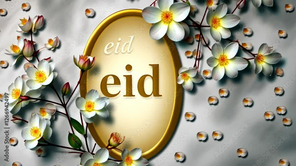Poster a white flower with a gold frame and the word eid written in gold. the frame is surrounded by a lot 