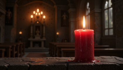 Lit red candle in church for prayer, Easter, worship, or memorial events