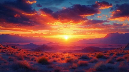 Fototapeta premium Sunset over Desert Landscape with Vibrant Colors and Golden Light Behind Mountains