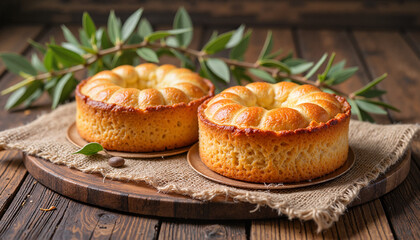 Two small Easter cakes on a wooden board, great for use on websites/blogs with faith-focused content.