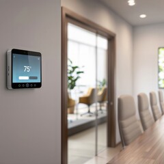 Fototapeta premium Corporate Temperature Control. Modern touchscreen thermostat showing 75° mounted on office wall with conference room in background.