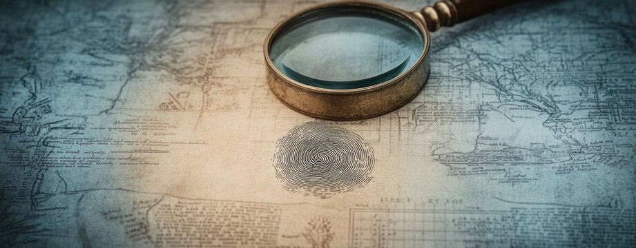 Antique Police Investigation Scene with Magnifying Glass, Fingerprint, and Vintage Crime Elements