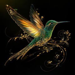Obraz premium Golden Hummingbird in Flight, Floral Background, Art Print