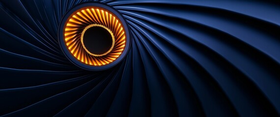 Abstract Swirling Turbine Design with Dark Blue Texture and Golden Eye in Creative Backdrop