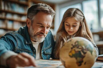 Fototapeta premium Smiling teacher with a globe in a classroom setting.