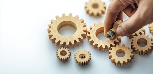 Workflow Automation and Process Management with Wooden Gears and Flowchart on White Background