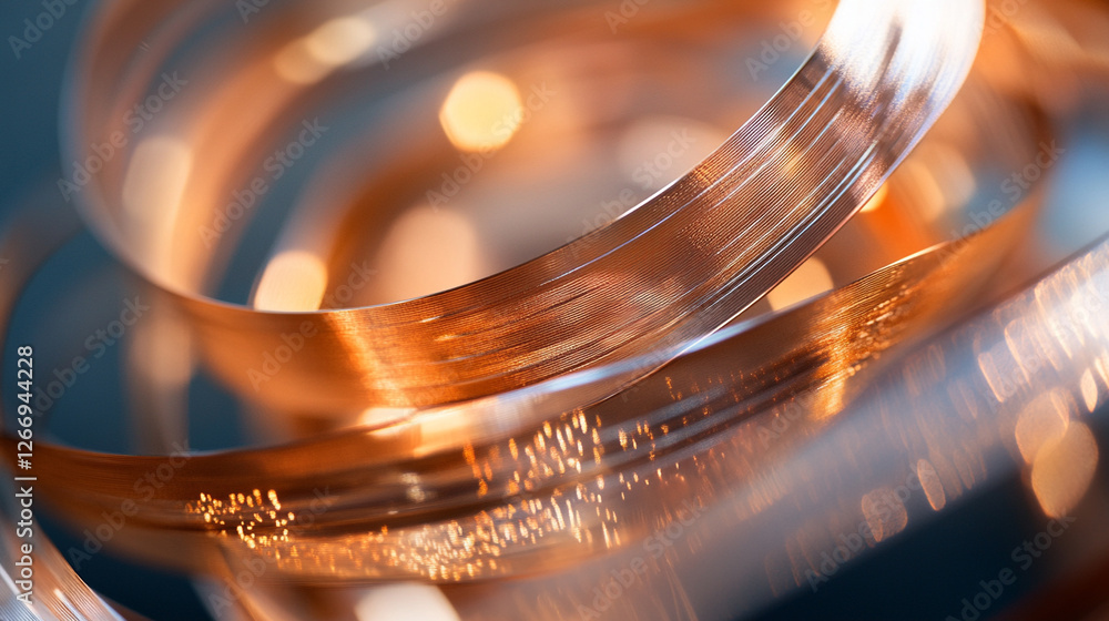 Poster close-up view of shimmering copper wire coils in a soft glow on a dark background