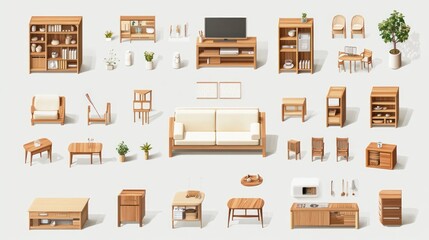 Isometric view of various wooden furniture pieces for home.