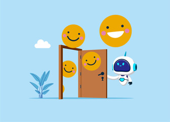 Robot opening a door to work motivation. Employee happiness, job satisfaction, company benefit, positive attitude. Vector illustration