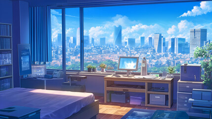 Luxury Urban Apartment Interior with Skyline View from Glass Window