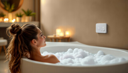 Luxury Smart Bath Experience. Woman relaxing in modern bathtub with digital thermostat display showing temperature in peaceful spa-like bathroom with ambient lighting.