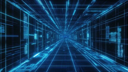Obraz premium A blue and white computer generated image of a long hallway