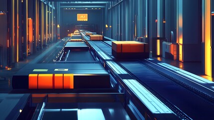 Illustrate an automated sorting facility with packages moving on conveyor belts