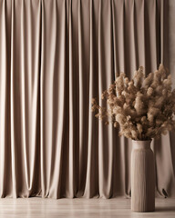Obraz premium curtain, thick, mocha, mousse, fabric, vase, dried, flowers, wall, background, interior, decor, soft, texture, elegant, cozy, warm, neutral, brown, earthy, vintage, rustic, aesthetic, minimalist, subt