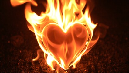 A heart-shaped fire burning with bright orange and yellow flames, symbolizing passion and energy