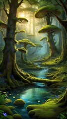 Naklejka premium Enchanted Forest with Glowing Mushrooms and a Mystic Stream