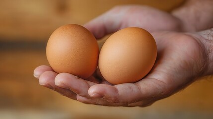 Hand-picking organic eggs. Two brown eggs held in a hand against a wooden background.