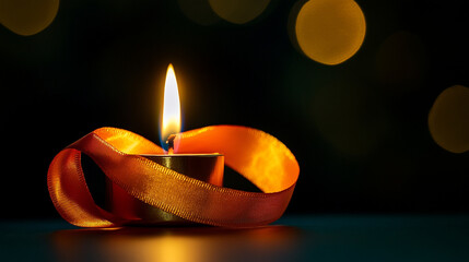 Candle flickers softly with ribbon around it, creating a warm ambiance at night