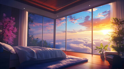 Fototapeta premium Luxury Apartment Interior with Window View of Sunset over the Sea