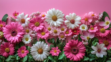 Fototapeta premium A vibrant arrangement of pink and white flowers against a pink background.