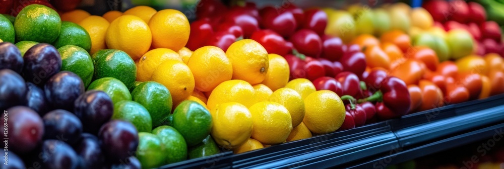 Poster colorful assortment of fresh fruits displayed in a market setting during daylight hours in a vibrant