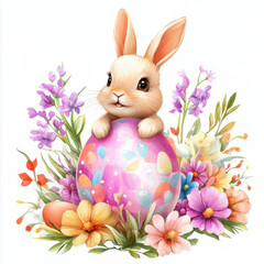 Cute Easter bunny with a bow, surrounded by flowers and Easter eggs, in pastel colors, in a clipart style, isolated on a white background. Watercolor