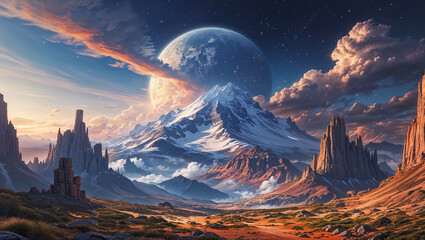 Huge planet rising over majestic snowy mountain range in alien world